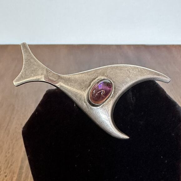 Sigi Pineda Taxco Abstract Fish Brooch Modern Sterling Silver Amethyst Vintage - Picture 9 of 13